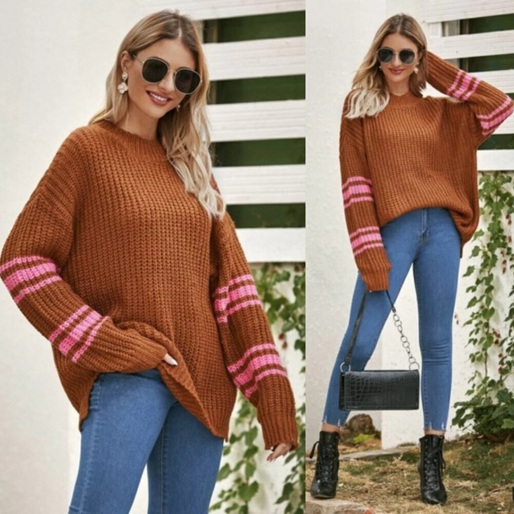 Aerie Fuzzy Feels Mohair Wool Knit Oversized Varsity Stripe Sweater Loose Chunky